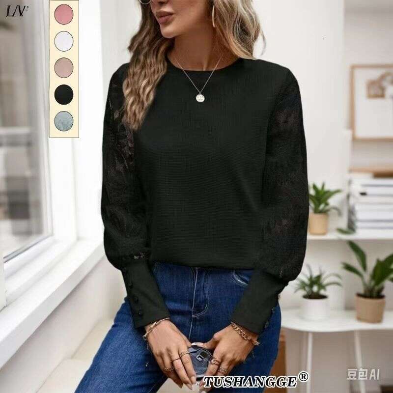 2024 Autumn Hot-Selling European and American Foreign Trade Amazon Solid Color Long Sleeve Embroidered Lace Patchwork Waffle Round Neck Top