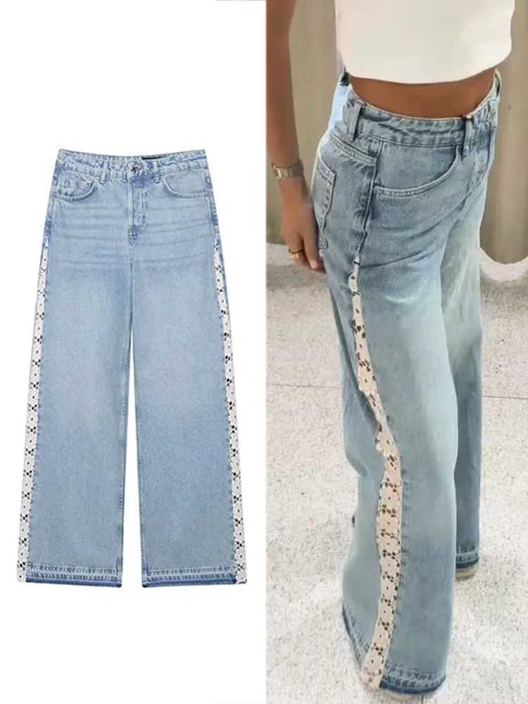 HH Women Fashion Side Lace Hollow Out Patchwork Jeans High Waist Wide Leg Denim Pants Autumn High Street Lady Trouser Jeans C251110