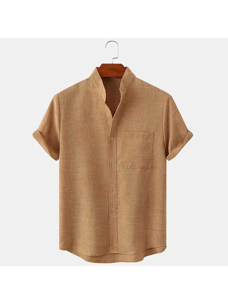 Summer new mens solid color hemp rope short sleeved lapel shirt casual plus size mens dress X250410