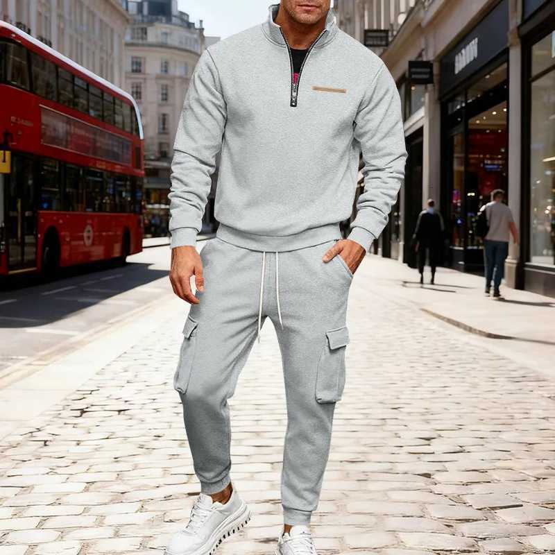 20025 Winter velvet half zipper stand-up collar pullover solid color casual sweater tooling trousers suit men W251110