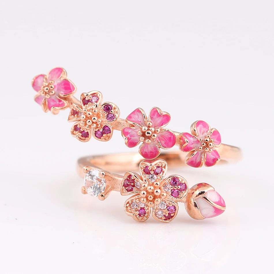 S925 Silver Rose Enamel Peach Blossom With Crystal Ring For Women Wedding Party Gift fit Lady Fine Jewelry 251103