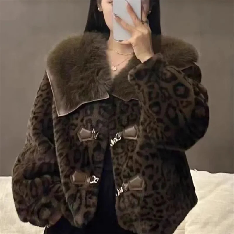 High Quality Fashion Fur Collor Mink Jacket Short n Thick And Warm Leopard Print Coat Imitating 251110