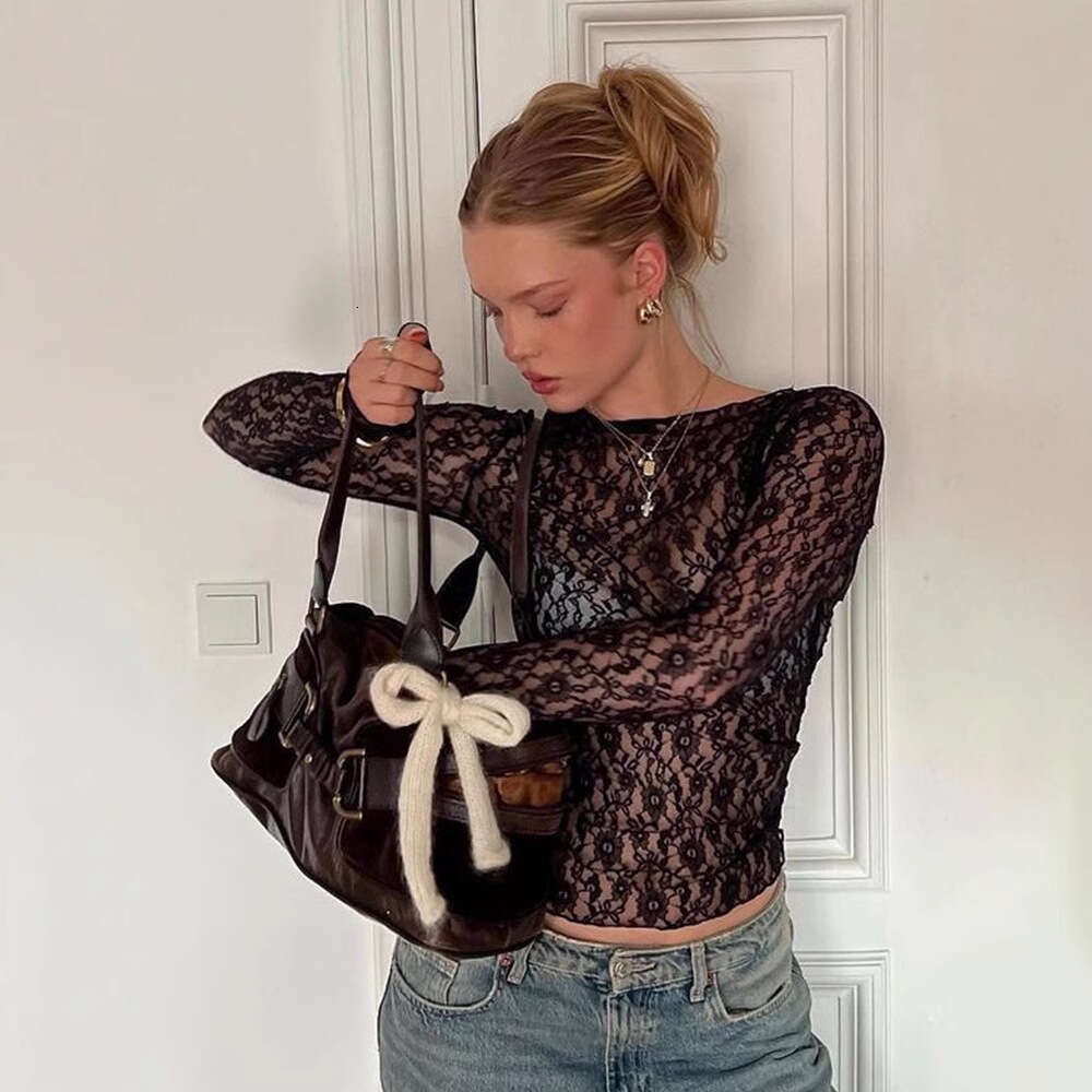 2025 New Sexy Lace Crop Top Hot Girl Amazon Beautiful Nightclub Slim Long Sleeve Shirt for Women Summer