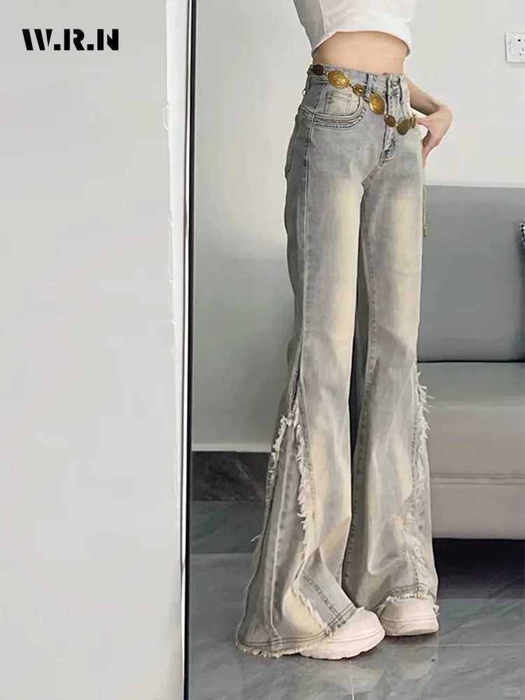 Vintage Casual Trashy Flared Pants Womens Y2K Tassels Full Length Denim Trouser Street Retro Grunge 2000s High Waist Jeans C251110