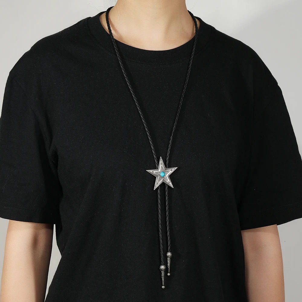 Vintage leather chain Bolo Tie for Men Western Cowboy Necktie Bolo Tie for Shirt Fashion star long necklace 250409