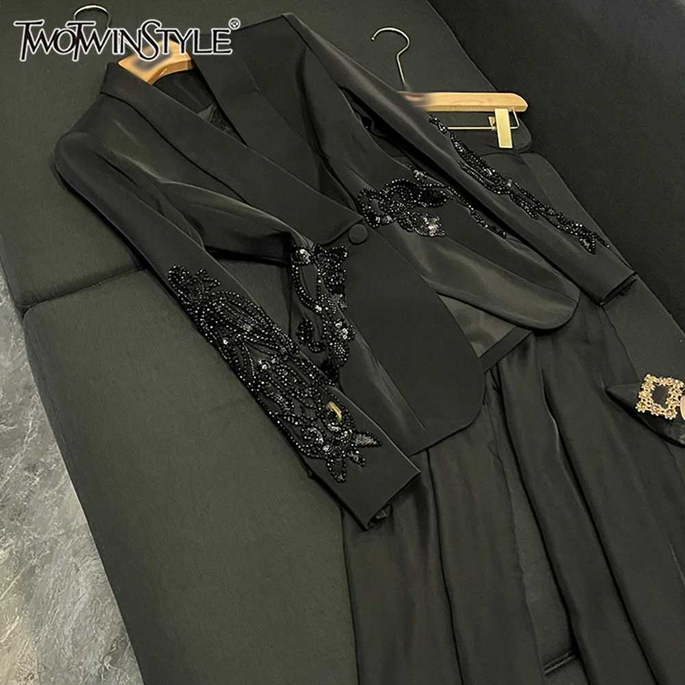 TWOTWINSTYLE Light Solid Two Piece Sets For Women Lapel Long Sleeve Top High Waist Pants Sexy Set Female Style W251110