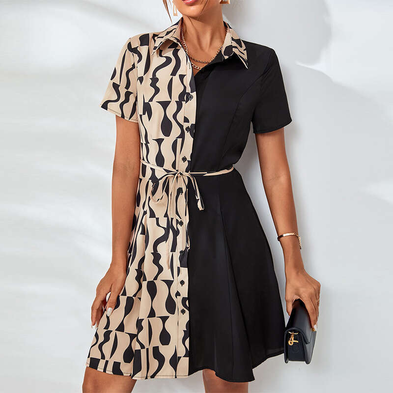 Cross-Border Foreign Trade Summer European and American Short-Sleeve Slim Fit Waist-Tie Cardigan A-Line Midi Dress Color-Block Design