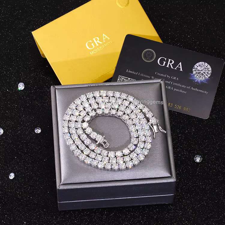 RTS Top Quality 4mm VVS Moissanite Gold Plated 925 Silver Tennis Chain Necklace for Hiphop Jewelry