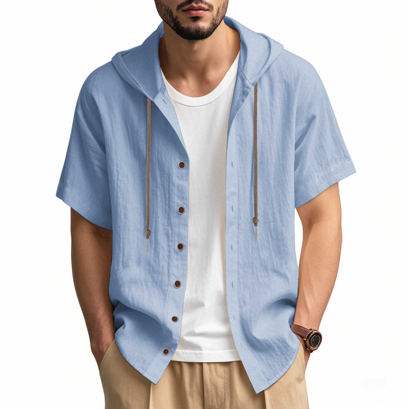 Mens cotton and linen casual short sleeved hooded shirt with fashionable buttons beach T-shirt