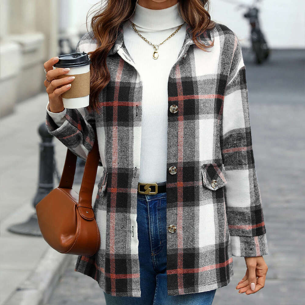 Cross-Border Foreign Trade European and American Women's Clothing Jacket 2025 Autumn Winter Red Plaid Thickened Cardigan Amazon Outerwear Top