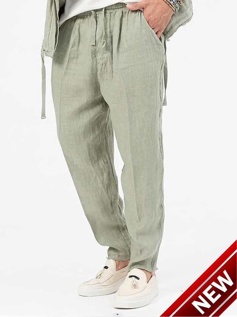 2025 New Mens Cotton Hemp Loose Large Size Solid Pocket Casual Pants Goods