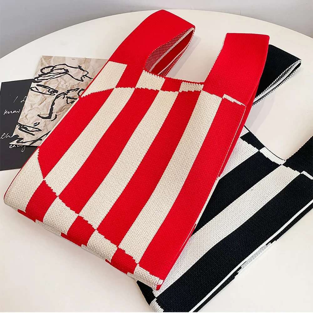 Handmade Knit Handbag Women Mini Knot Wrist-Bag Female Casual Color Wide Stripe Plaid Tote Student Reusable Shopping Bag