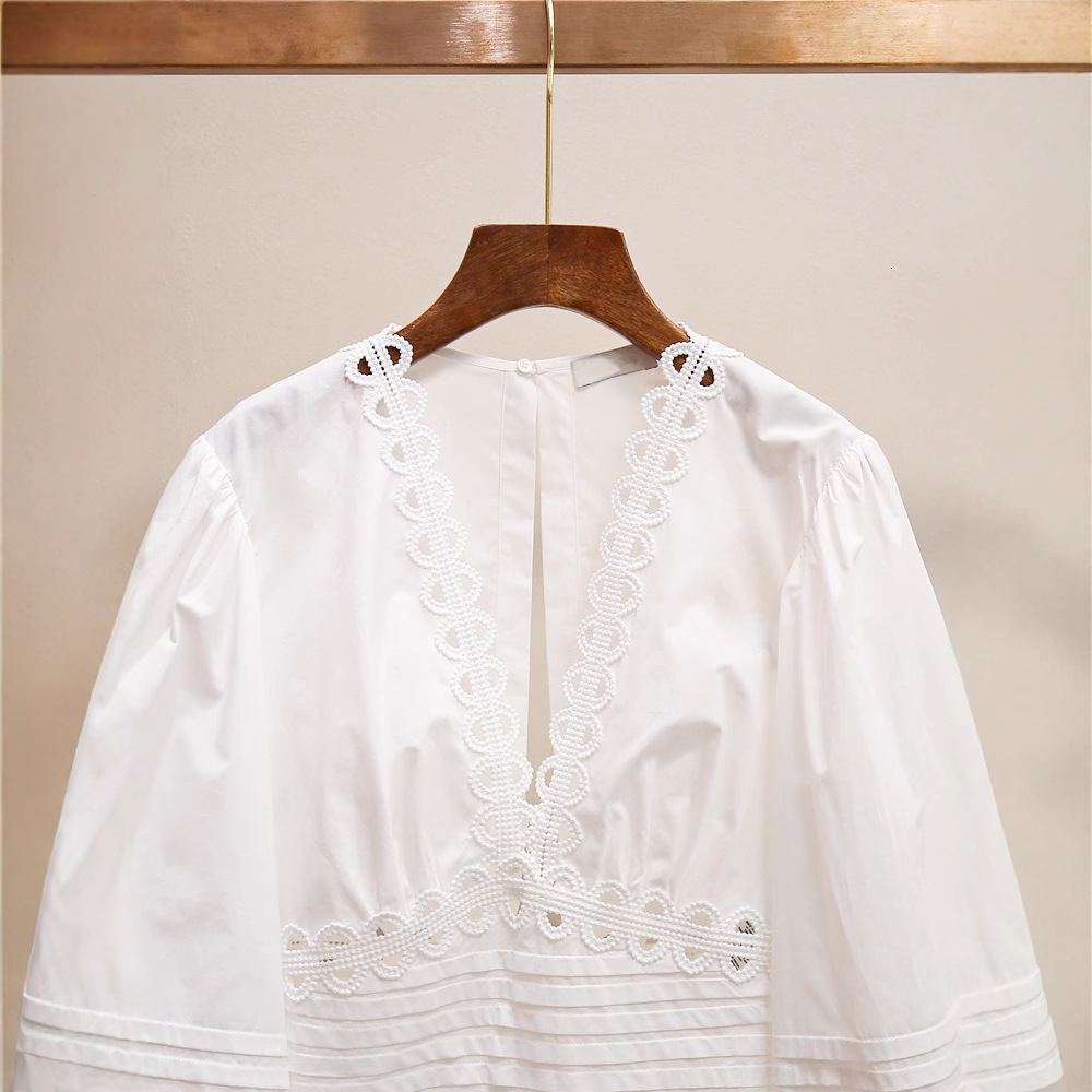 Spring Summer New French Style Gentle Elegant Design Hollow Bowknot Puff Sleeve Short Shirt Top for Women