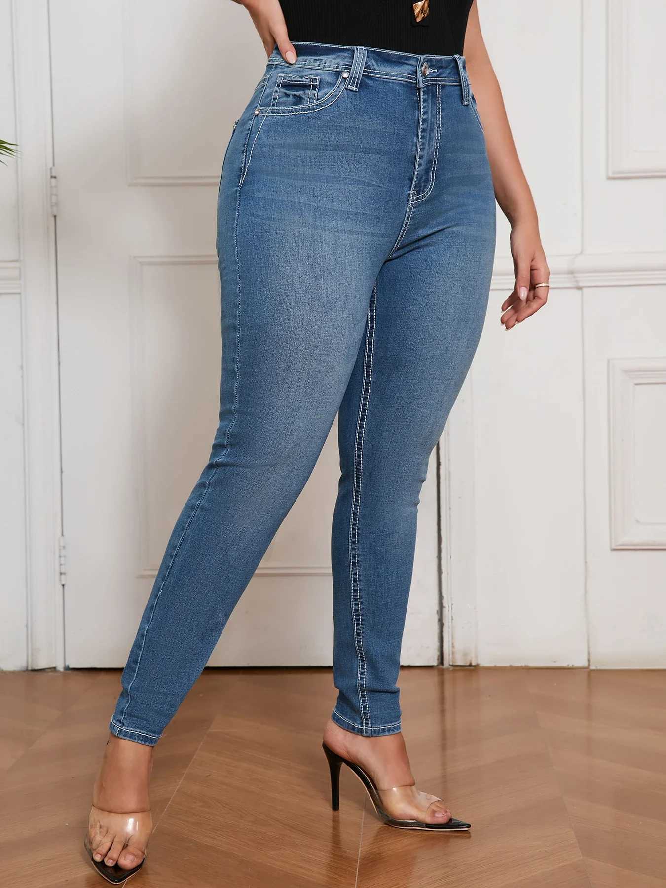 Y2K Plus Size Skinny Jeans for Women High Waist Slim Fit Stretch Denim Pants Curvy Trendy Retro Style Jeans Street Fashion C251110
