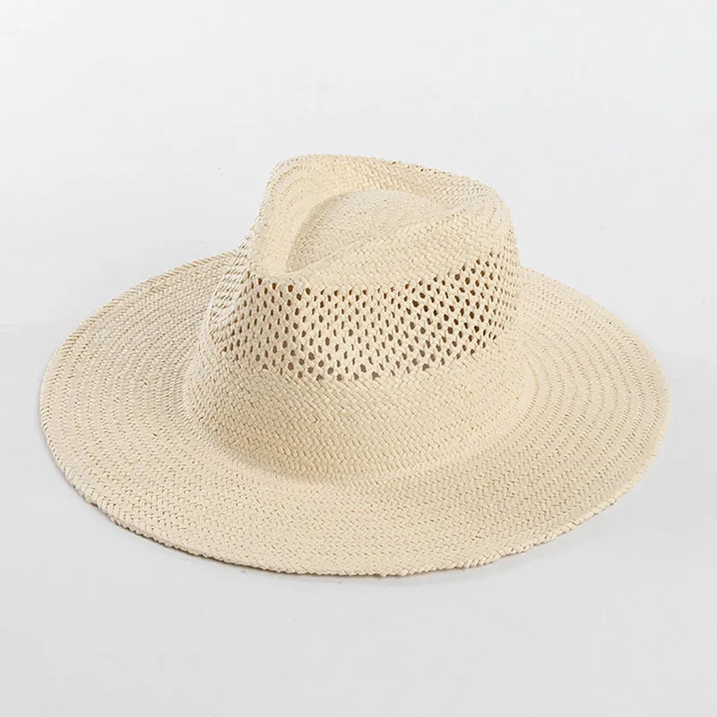 Fashion Women Beige Straw Fedora Hats Ladies Wide Brim Summer Hat Hand Woven Hollow Straw Sun Hat for Derby Travel Beach Hat 250409