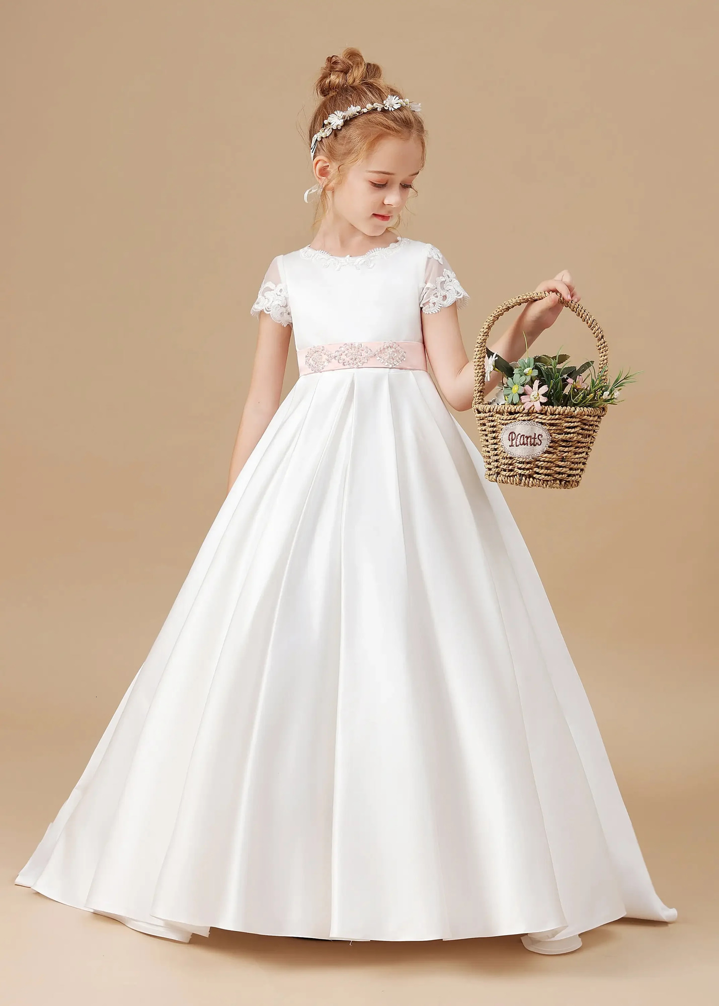Customized Elegant White Satin First Communication Dress Wedding A-line Flower Girl Dress Pink Bow Princess Childrens Birthday Dress 250403
