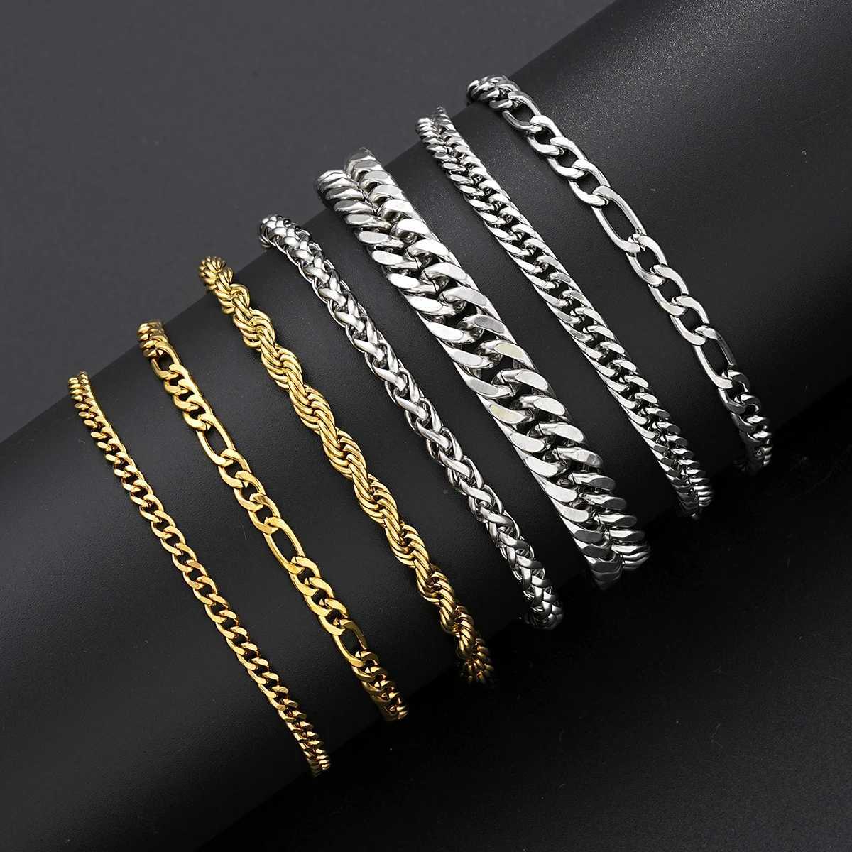 7Pcs/Set Stainless Steel Cuban Bracelets for Women Vintage Punk Gold Silver Color Twist Chain Bracelets Set Trendy Party JewelryT251110