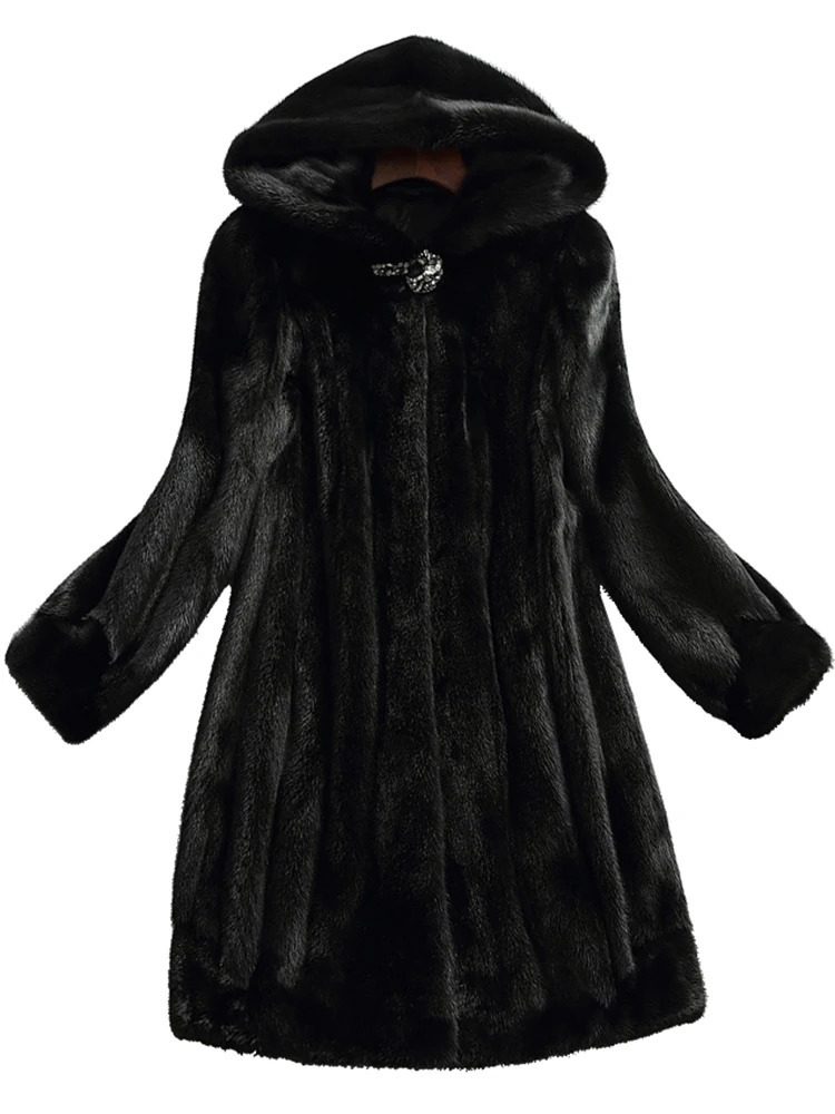 Lautaro Winter y Long Black Faux Mink Fur Coat Women with Hood Sleeve Elegant Thick Warm Fluffy Furry Jacket 6xl 7xl 251110