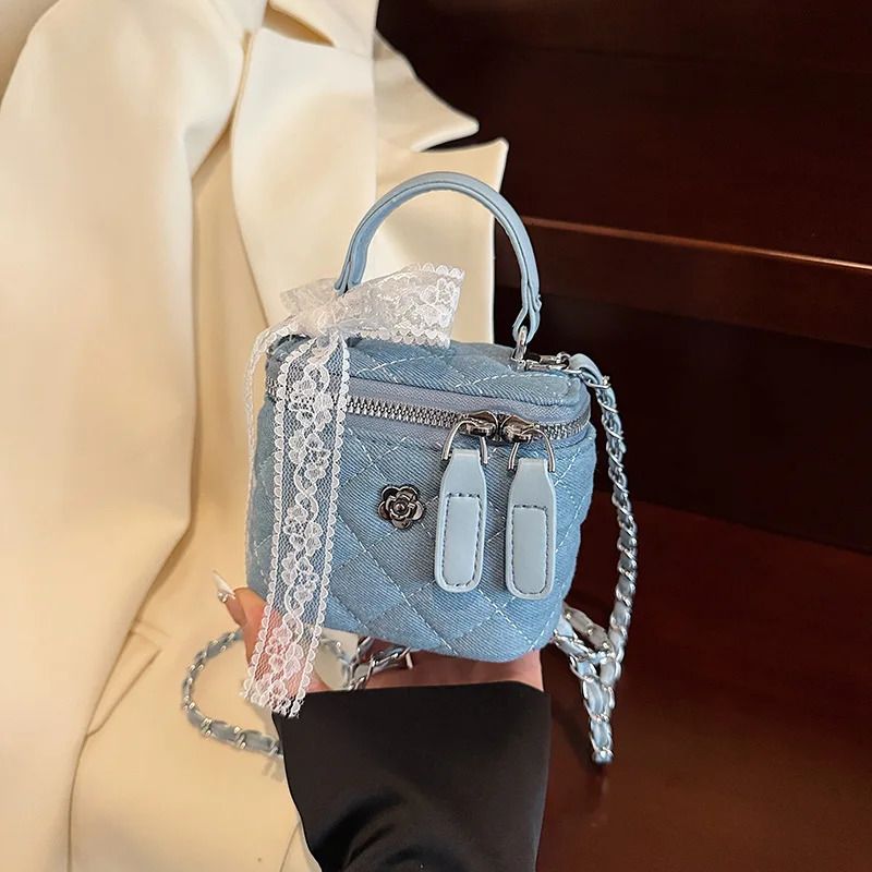 Trendy Denim Box Bag with Chain Strap Womens 2025 New Faion Small Square Chain Bag Versatile Crossbody Diamond Pattern R251110