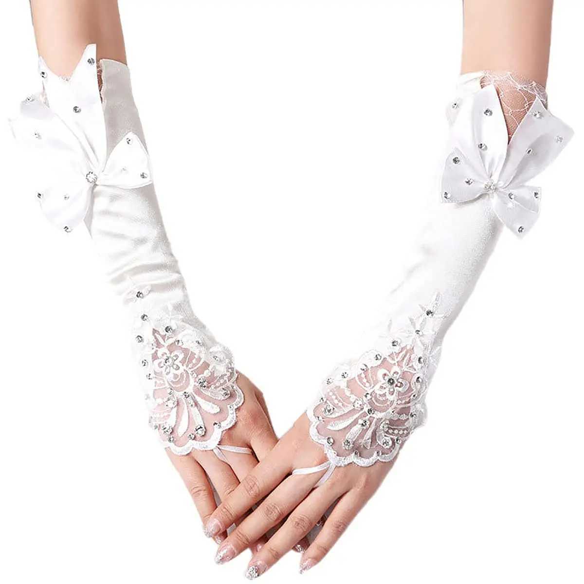Satin Long Womens Wedding Gloves Ivory Fingerless Lace Bridal Crystal Bow Flower for Bride Rhinestone Accessory L251110