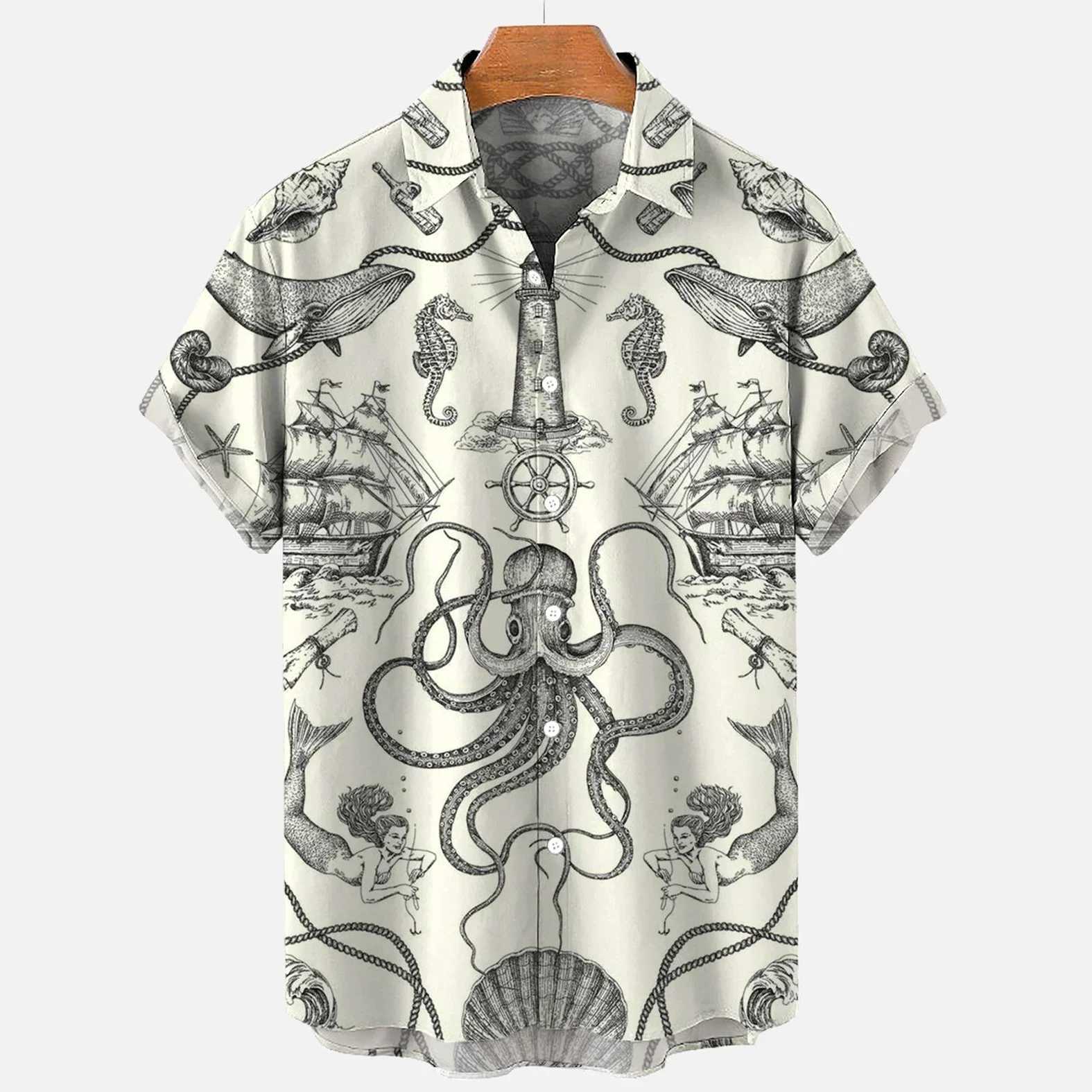 Fashionable Harajuku Hawaiian casual flower mens shirt octopus 3D printed summer short sleeved mens shirt Camisas Casuais X250410
