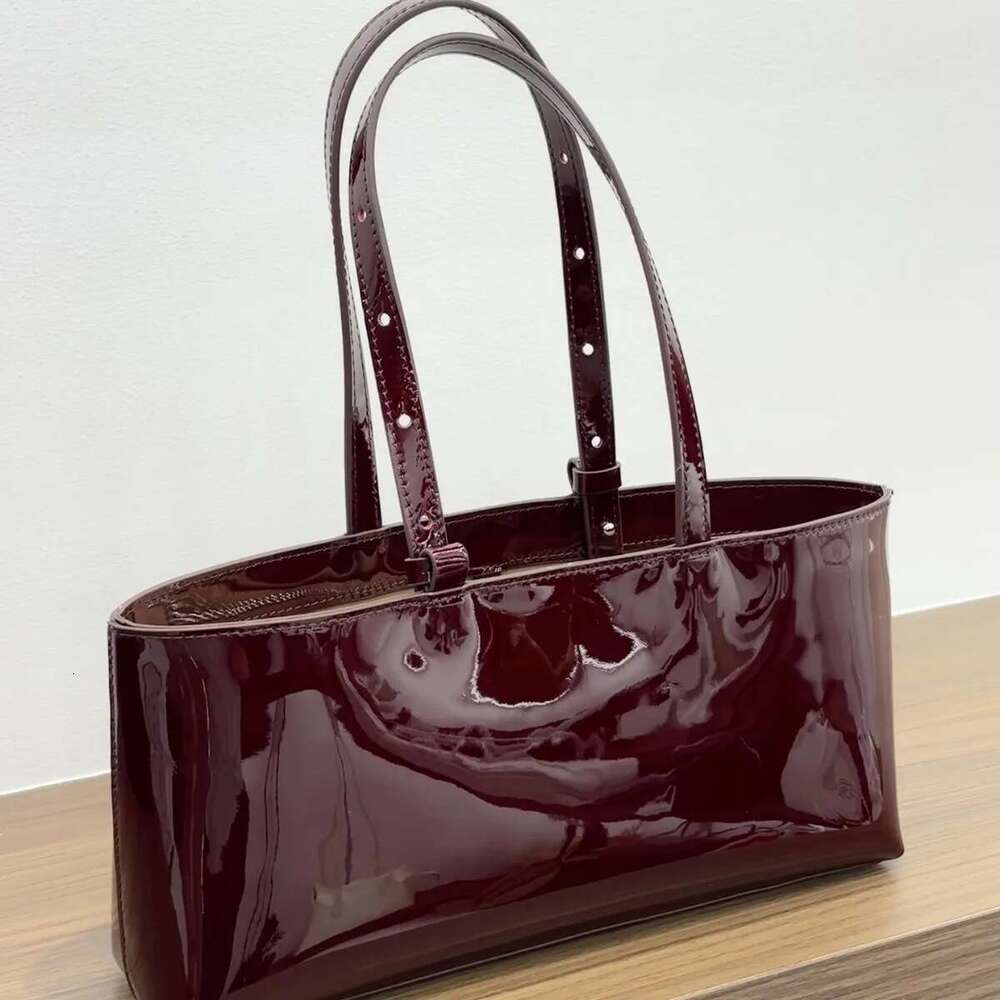FIRMRANCH Simple Horizontal Square Design Urious Bright Patent Cowhide Leather Wine Red Women's Handbag Shoulder Underarm Bag