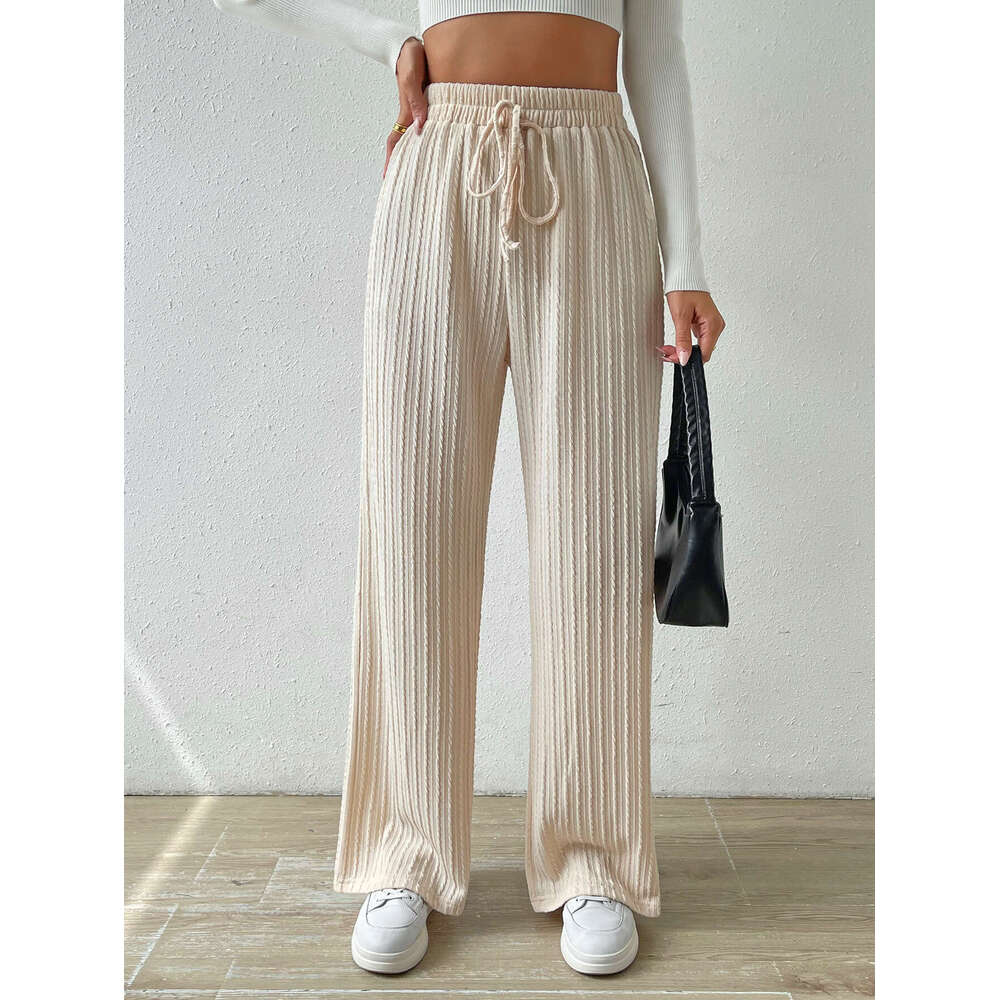 2024 New European and American Style Knitted Wide-Leg Pants with Waist Texture, Elastic High Waist, Solid Color, Casual Loose Straight-Leg Women'