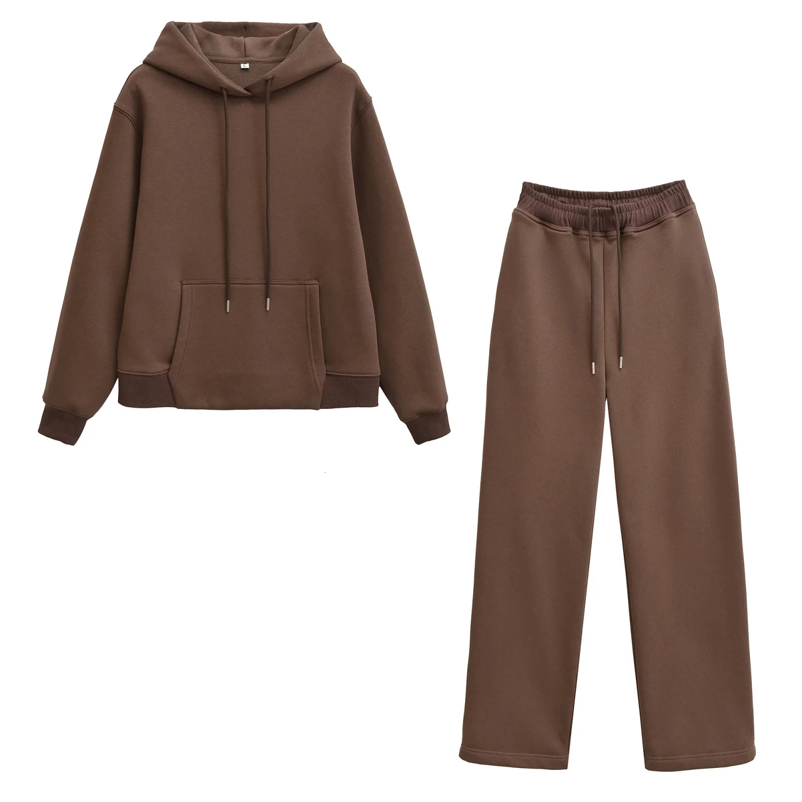 Female Hooded Sweatshirt Front Pocket Casual SweatpantsElastic Waist Pants Autumn Set Solid Beige Fashion High Street 251110