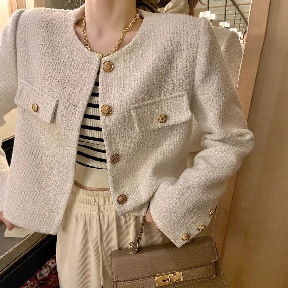 French Wool Tweed Coat Fashion Highend Gold Button Short Slim Temperament Spring and Autumn Korean Coats Women Jacket 251110