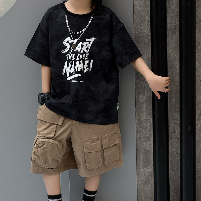 GS- Ddmyshoesvip Children S Thin Style Boys Short Sleeved Top New Girls Letter Round Neck Summer Clothes Big Children S T Shirt A