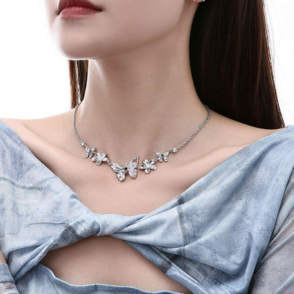 Ancient Style Calligraphy Butterfly Necklace for Women, Zircon, Non-Fading, Light Luxury, Versatile Sweater Chain, Exquisite Wholesale Jewelry Trend