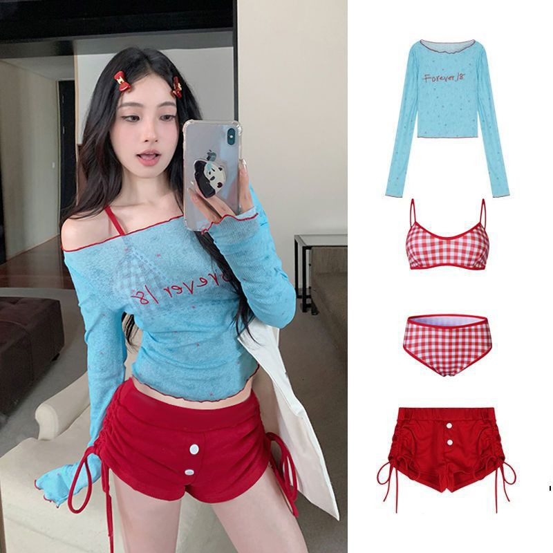 dongdumaoyi Swimwear women s factory new dopamine outfit split bikini four piece set pure desire wind conservative long sleeved hot spring