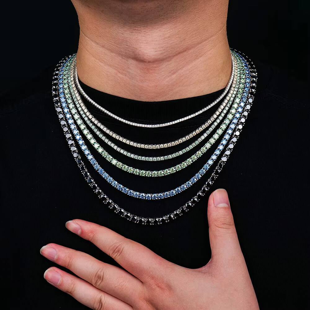 Custom Wholesale Silver 925 Fine Jewelry Man Women Necklace champagne Green Black Blue Mossanite Moissanite Tennis Link Chain