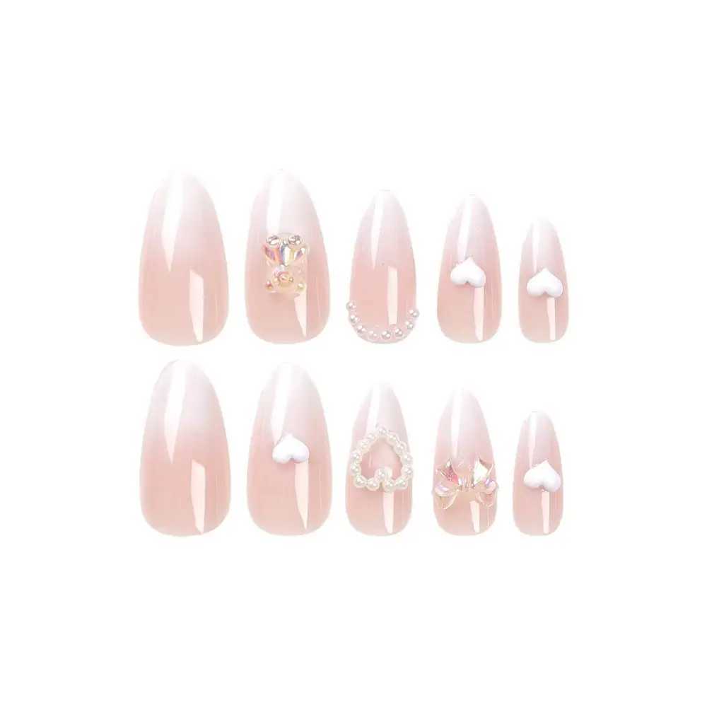 24 pieces of long almond fake nails French pearl love heart bow press fake nails DIY hand carved removable nail tips W250410