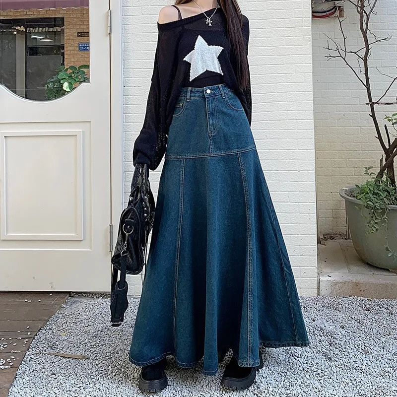 Denim Summer Dress Womens Spring Street Clothing Aline Pocket Large Bottom Patch High Waist Long Jeans NS5633 250410