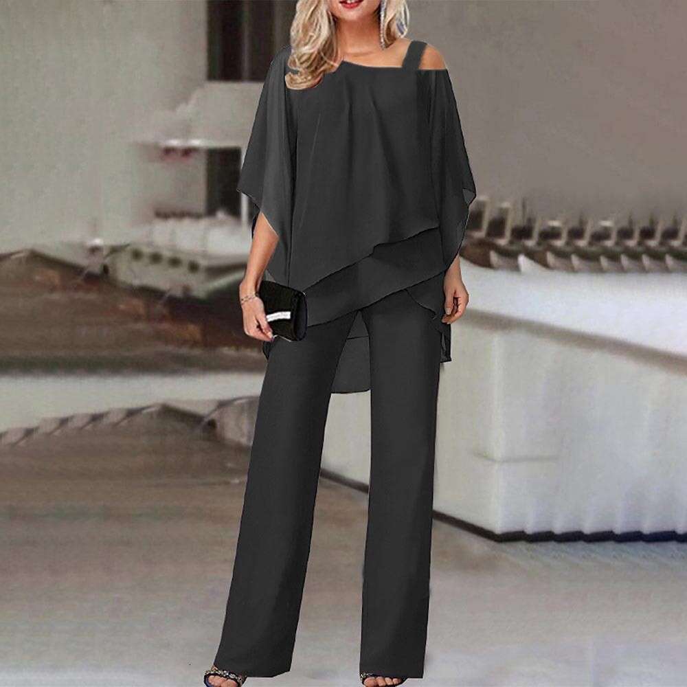 Batwing Sleeve Top and Pants Women's Casual Off-Shoulder Irregular Party Elegant Two-Piece Set 2025 Spring Summer Autumn