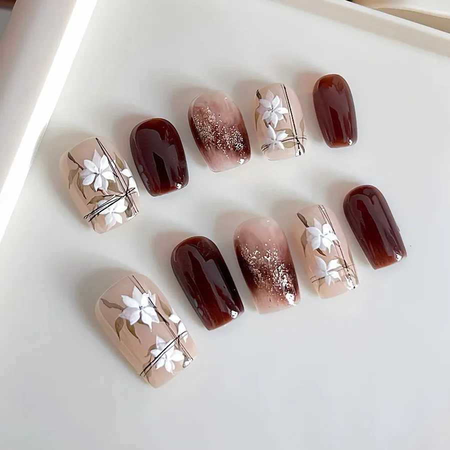 24 pieces of sparkling white flower press nails pink gradient fake nails smooth artificial finger manipulation reusable fake nails W250410
