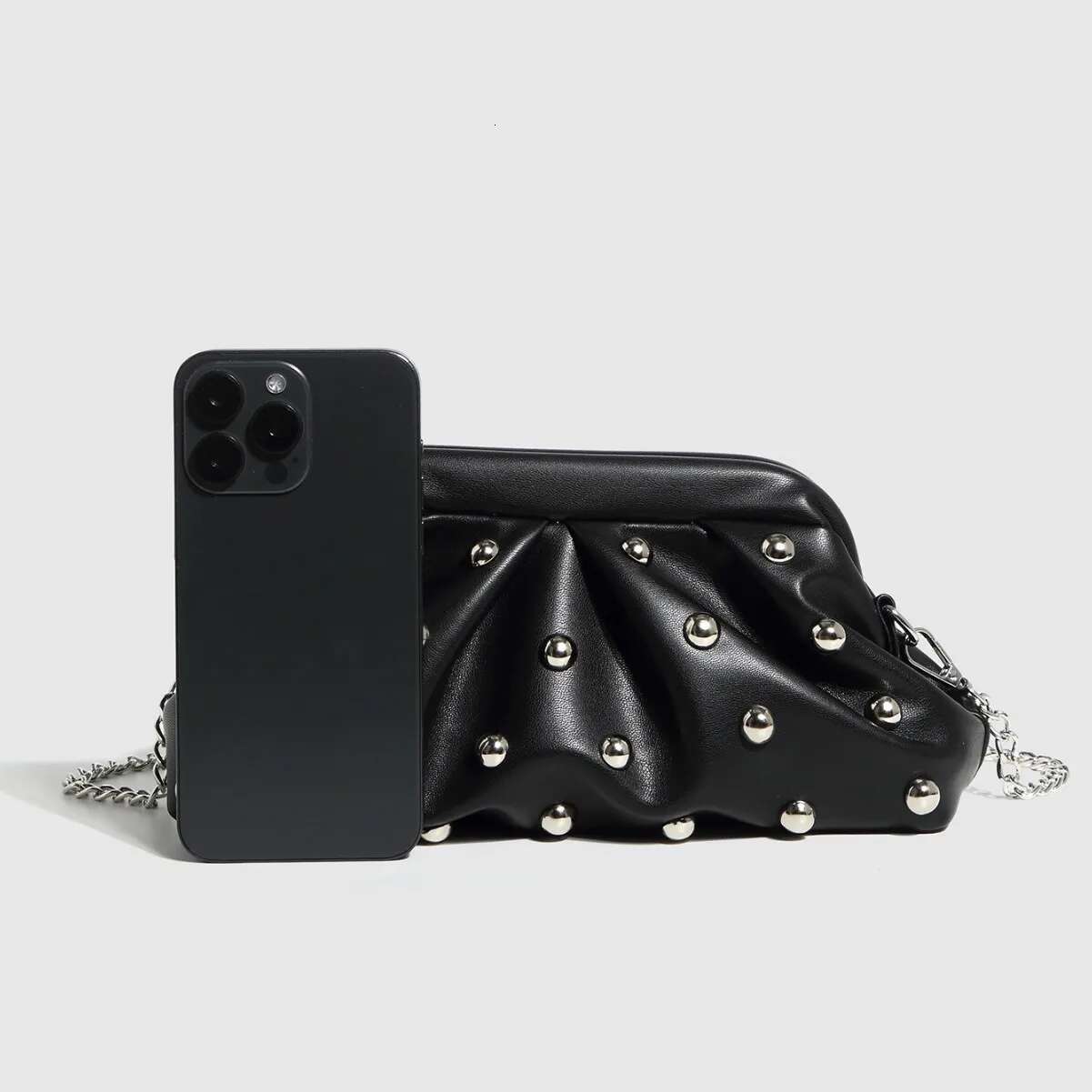 Women Black Casual Chic Vegan Leather Shoulder Bag Punk Ball Embellished Crossbody Purse Handbag With Long Strap