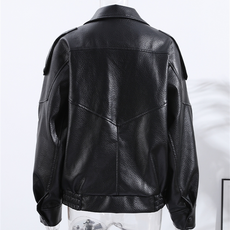 Street Stand Collar Womens Leather Jacket Loose Long Sleeve Zipper Pockets Chic Female Coats Autumn Winter Lady Outerwear 251105