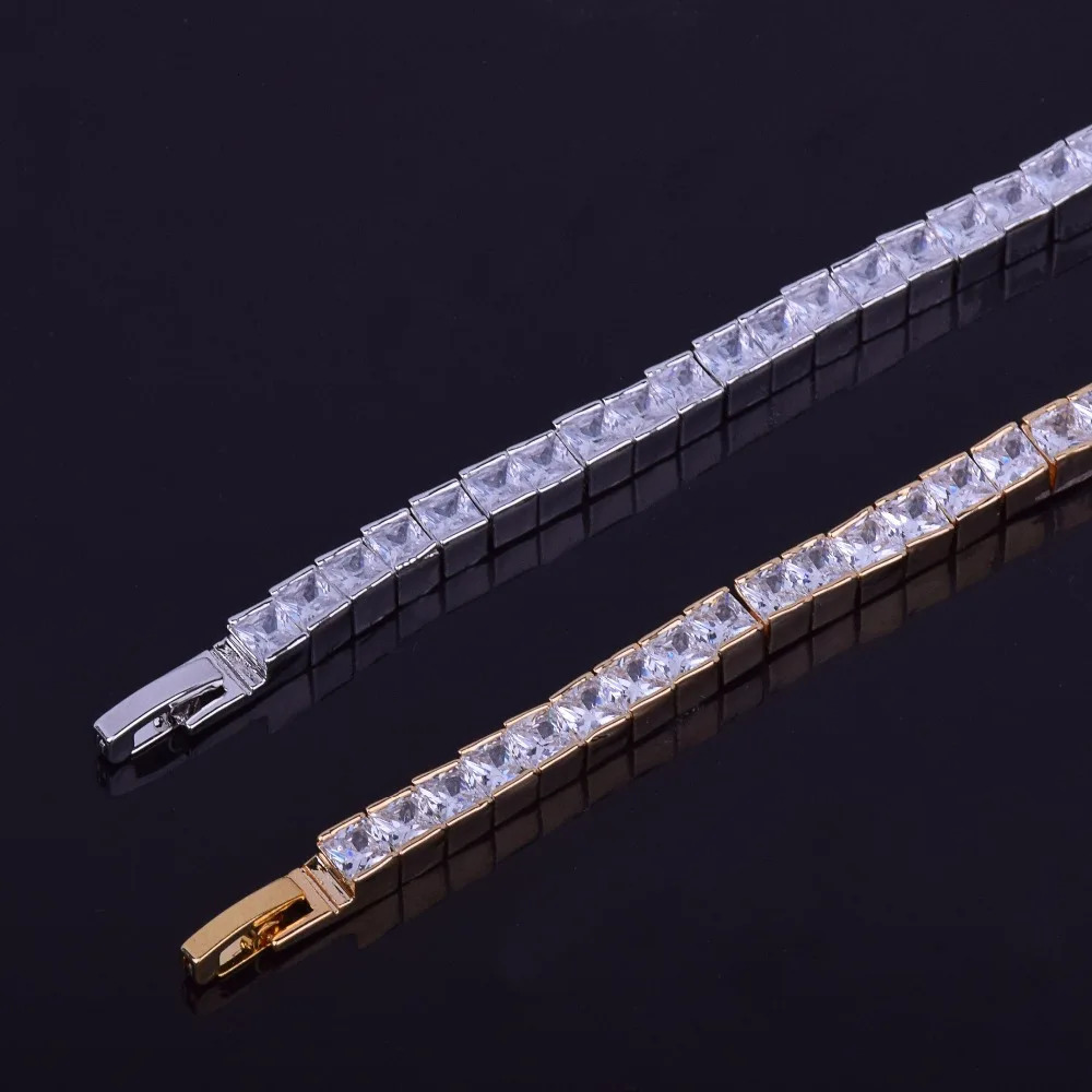 5mm Iced Out Baguette Tennis Bracelet Men Hip Hop Jewelry Copper Material Box Clasp Square Silver Color Link 18cm 250408