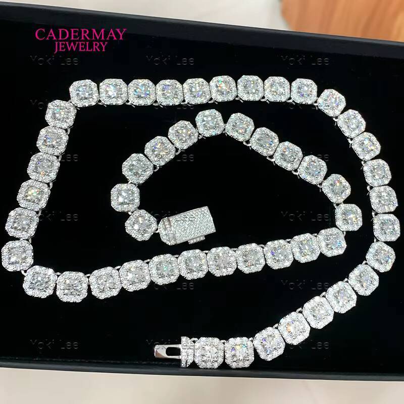 Hiphop Rock Candy Moissanite Chain Micro Clustered Tennis Chain 10mm/12mm 925Silver Iced Out VVS Square Moissanite Necklace