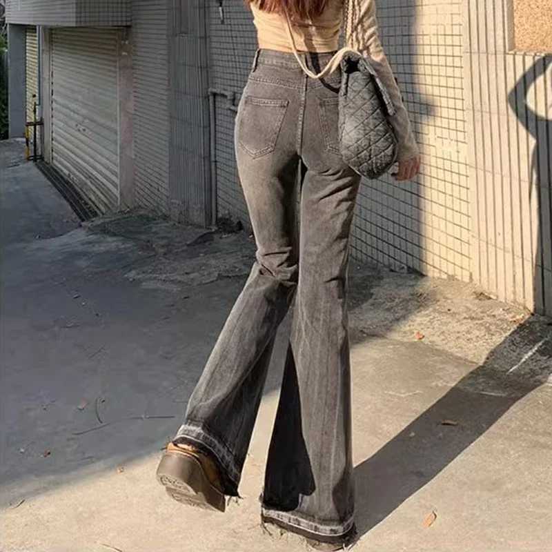 Woman High Waist Vintage Casual Flare Jeans Girls Elastic Slim Fit Bell Bottom Pants Lady Fashion Blue Black Grey Denim Trousers C251110