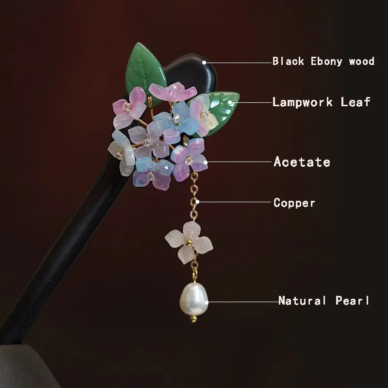 Ancient Chinese hair clip Hydrangea flower head womens Hanfu dress hair fork step rocking hair accessory 250409