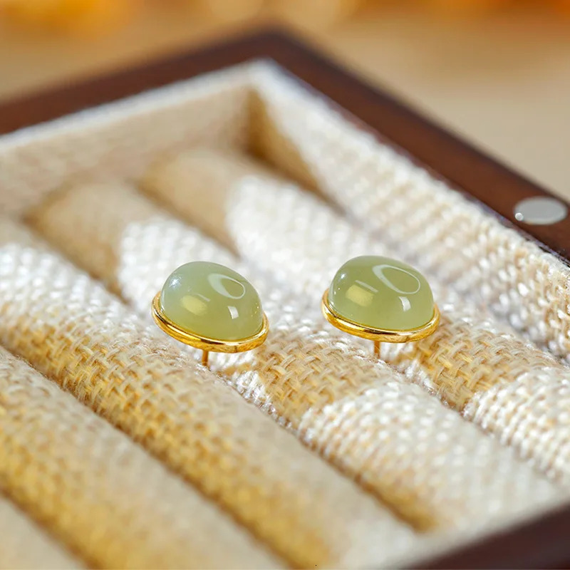 S925 pure silver inlaid with natural Hetian jade earrings with a simple gold-plated retro earring surface fully matched 250407
