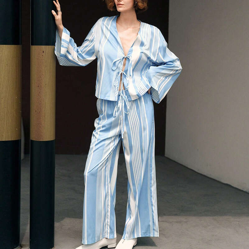 2025 Autumn European American Style Striped Sleeve Shirt and Straight Long Pants Pajamas Two-Piece Set