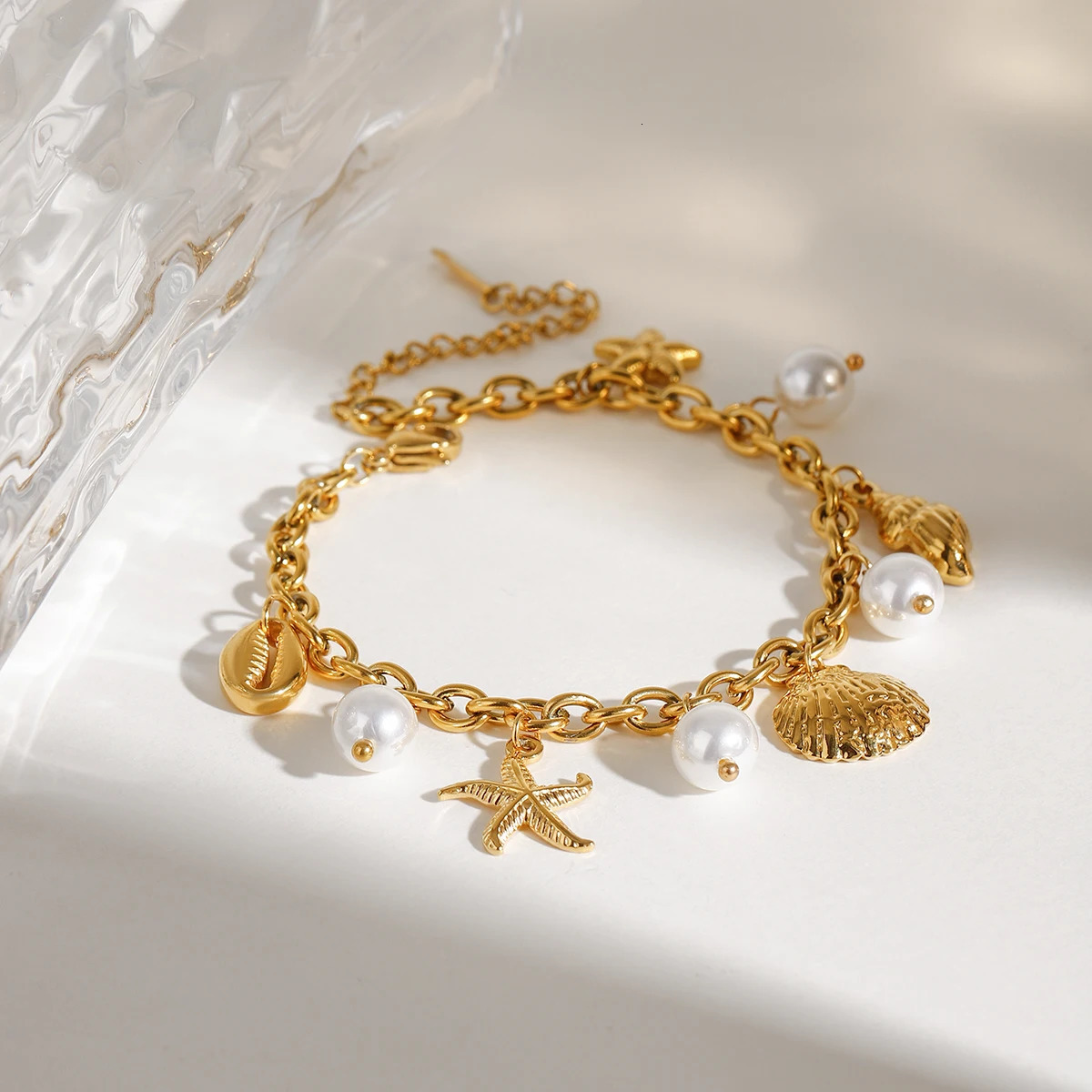 Zora 18K Gold PVD Plated Stainless Steel Pearl Shell Starfish Charm Bracelet Bangle Women Waterproof Beach Jewelrry Gift 250409