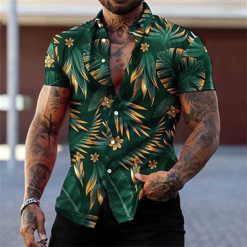 Mens Black Gold Flower Shirt Summer Plant Printed Collar Shirt Hawaiian Style Beach Short Sleeve Button X250410