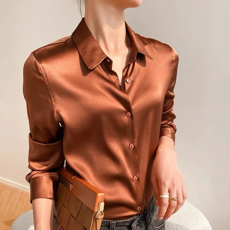 Spring and autumn elastic satin womens shirt long sleeved lapel Korean casual loose office womens shirt 250409