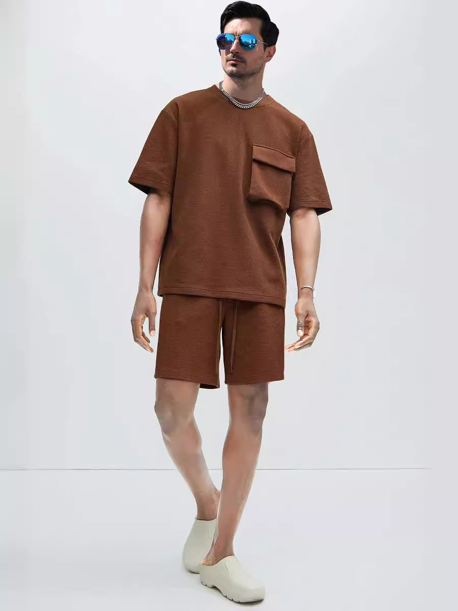 2024 Summer New Sports Set Mens Street Trendy Casual Pocket Short Sleeve Shorts Casual Two Piece Set