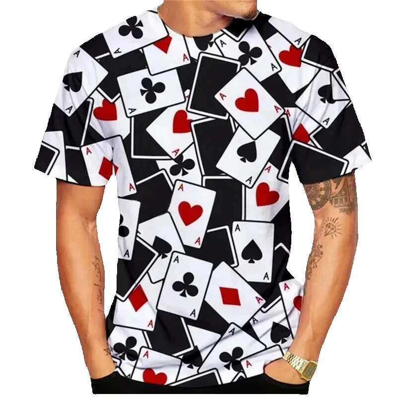 Men's summer short sleeved T-shirt, round neck, poker print, fashionable, sporty and casual, quick drying